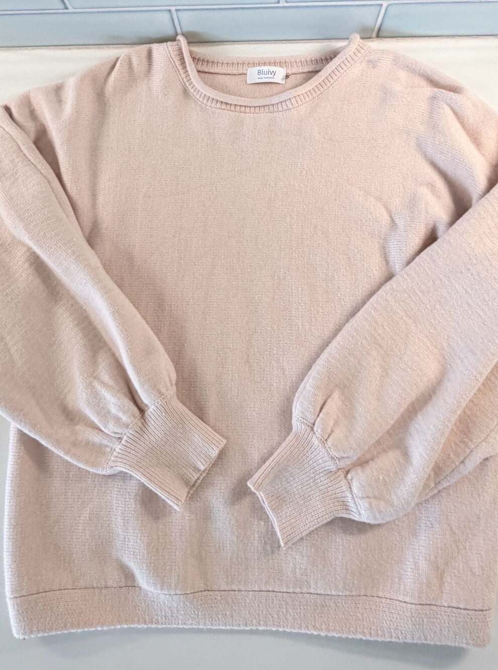 Blush Pink Long Sleeve rolled neck Sweater with cute bishop sleeves- size L
